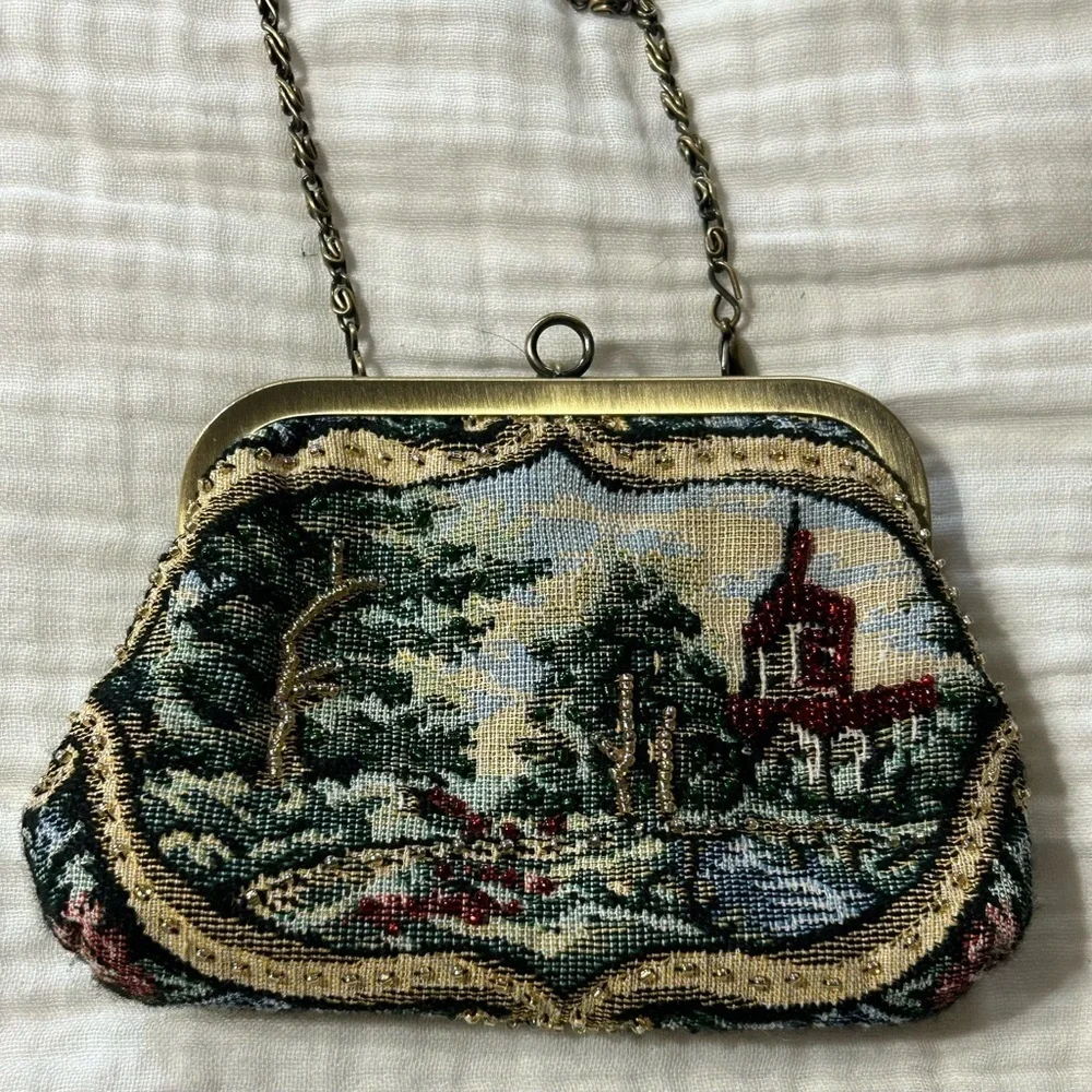 Carlo Fellini Vintage Tapestry Beaded Kiss Lock Purse Bag crossbody
